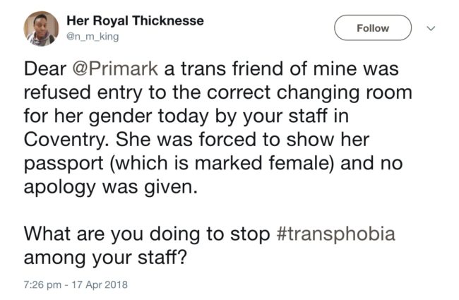 Homem acusa loja Primark de transfobia contra mulher trans que tentou usar provador feminino 