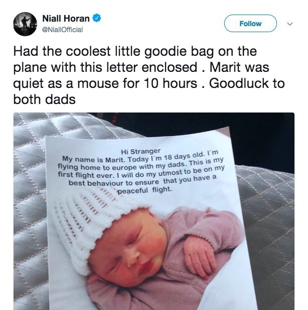 Niall Horan compartilha pedido de desculpas de casal gay em primeira viagem de filho