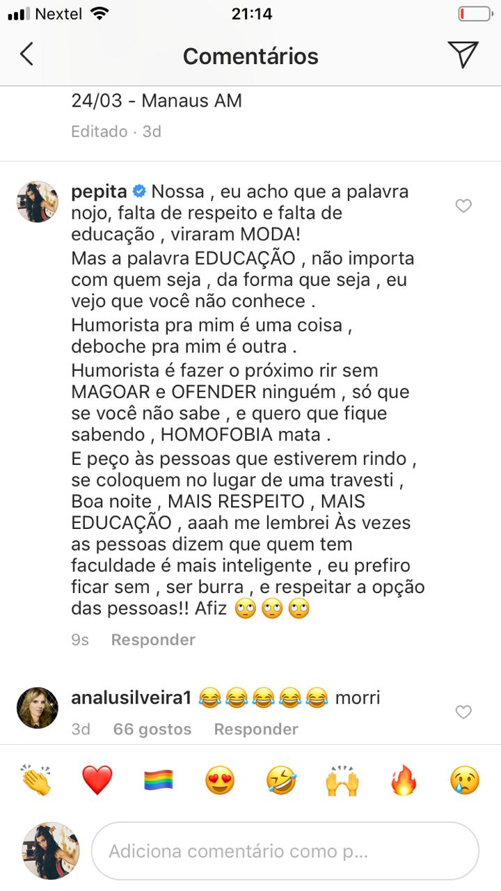 Pepita rebate vídeo considerado transfóbico publicado por Léo Lins