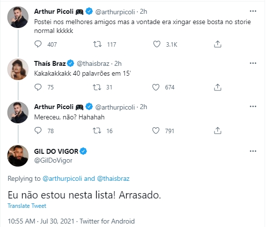 Tweet de Arthur e Gil do Vigor