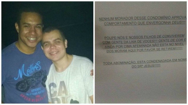 Na esquerda: Júnior Santos, de 24 anos, e seu namorado, o servidor federal Maycon Aguiar, de 23. Na direita: foto da carta que o casal recebeu.