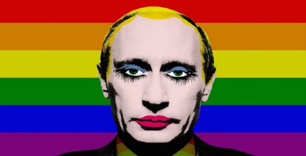 Ilustração postada por Bruno Galiasso mostra Vladimir Putin Maquiado e com as cores da bandeira LGBT ao fundo