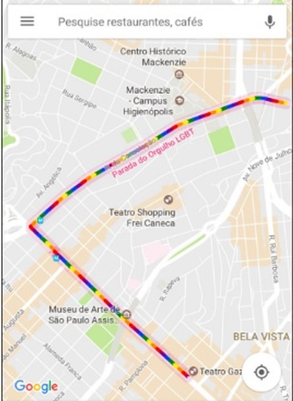 Google Maps irá destacar trajeto da Parada LGBT de SP com as cores do arco-íris.