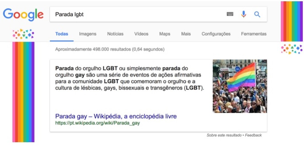 Mecanismo de buscas do Google ganha símbolos temáticos no mês do Orgulho LGBT.