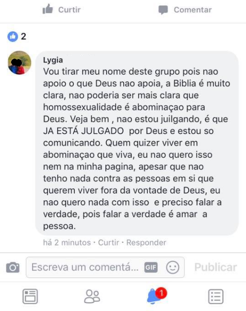 Usuária da rede social critica homofobia usando discurso religioso (Reprodução/Facebook)