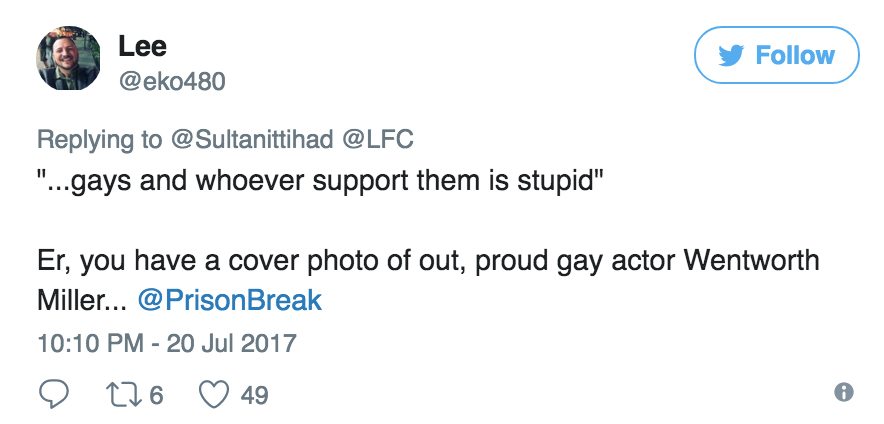 "Parem de promover gays e promovam jogadores. Os gays ou quem apóia eles são estúpidos" escreveu Sli Alshareef. (FOTO: Twitter)