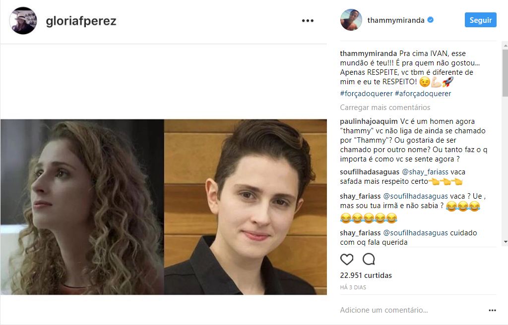 Através do instagram. o ator Thammy Miranda apoiou as mudanças da personagem criada pela autora Glória Perez (FOTO: Instagram)