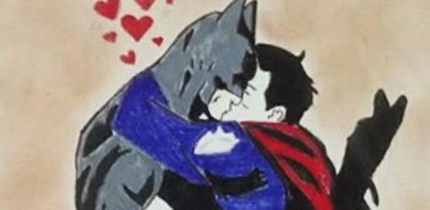 Desenho Batman e Superman aos beijos