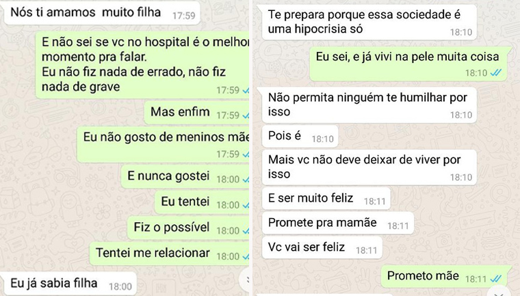 Print da conversade Whatsapp de *Fernanda com a mãe ao se revelar lésbica
