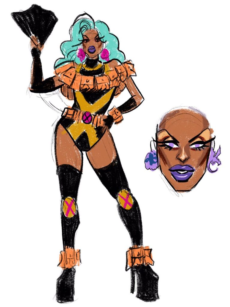 Esboço da drag queen Shade, personagem da Marvel