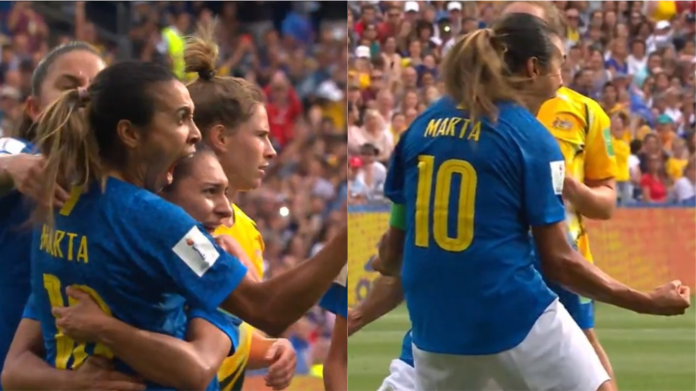 Marta fez o primeiro gol da partida, na qual o Brasil perdeu por 3x2 para a Austrália (Reprodução/TVGlobo)