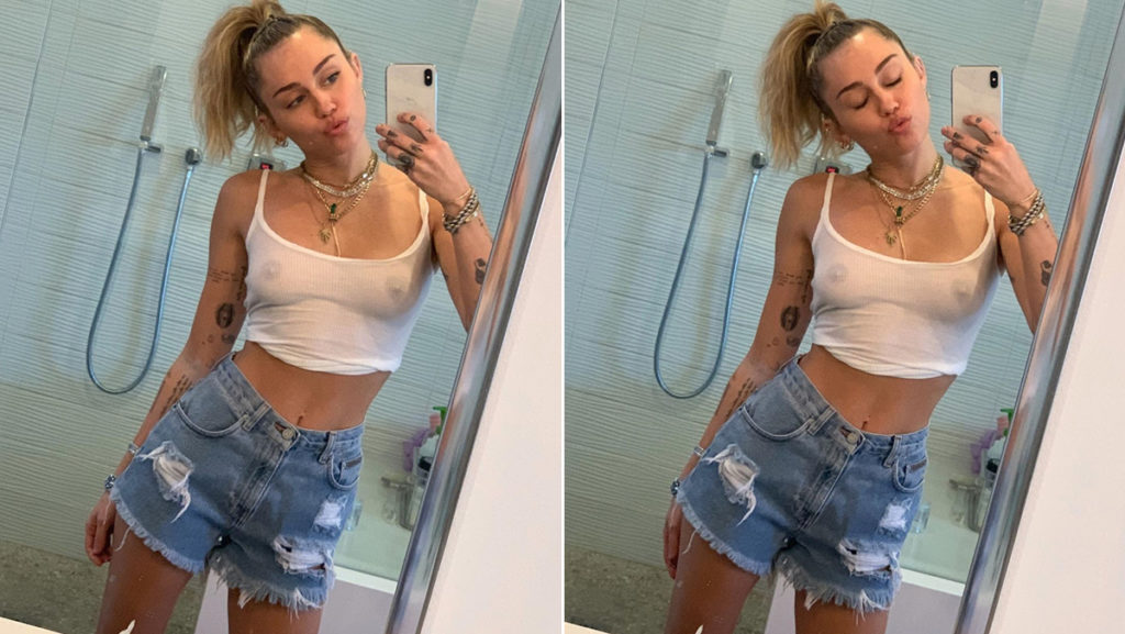 Miley Cyrus posta selfies com blusa transparente