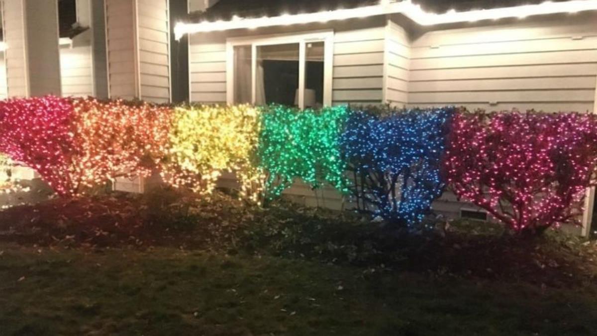 Mulher responde vizinhos homofóbicos com arco-íris de 10 mil luzes