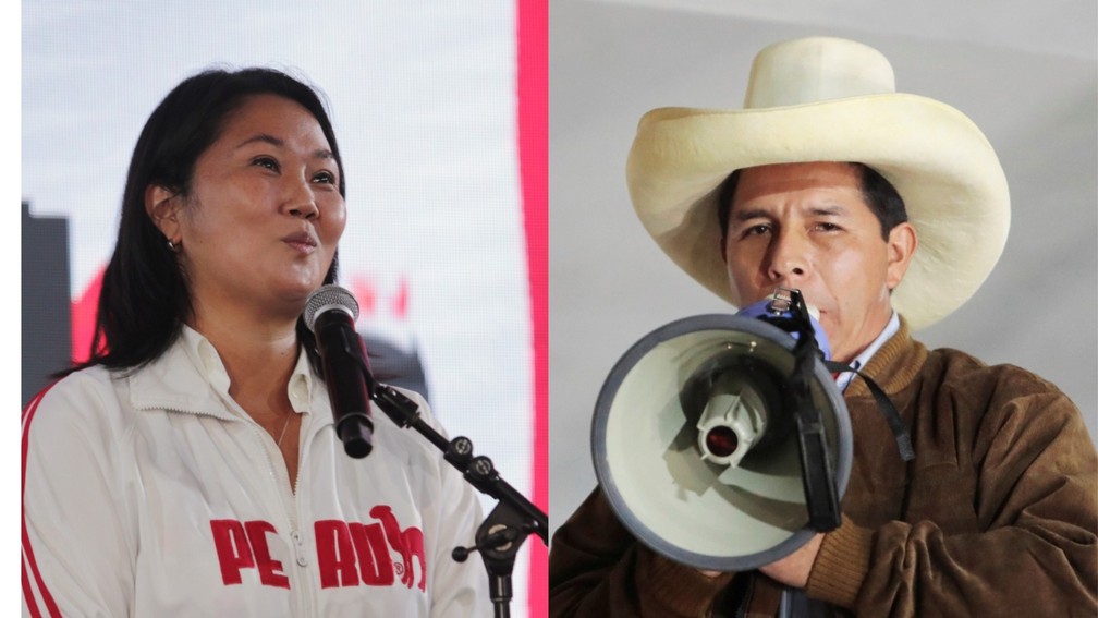 Montagem com fotos dos candidatos ao segundo turno das eleições presidenciais no Peru, Pedro Castillo (E), do partido Perú Libre, e Keiko Fujimori (D)