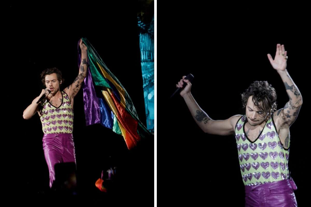 Cantor pegou a bandeira LGBTQIA+ e do Brasil e seguiu cantando. Foto: BrazilNews