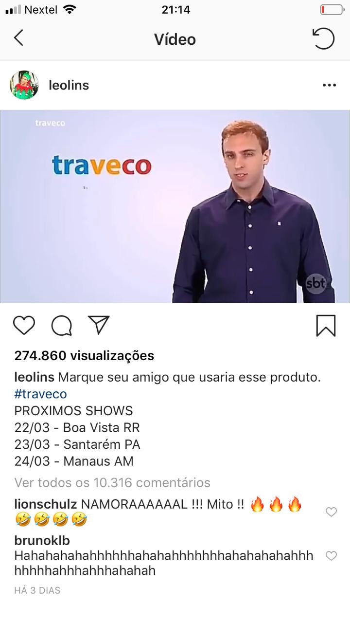 Em vídeo publicado no seu Instagram, Léo Lins satiriza travestis 