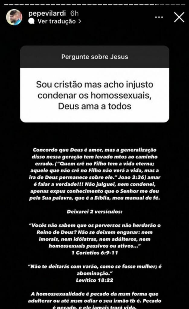 Resposta de Pepê nos stories do Instagram