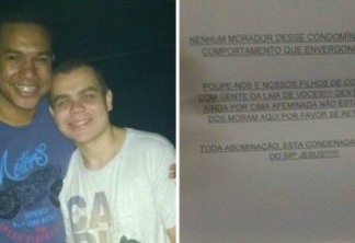 Na esquerda: Júnior Santos, de 24 anos, e seu namorado, o servidor federal Maycon Aguiar, de 23. Na direita: foto da carta que o casal recebeu.