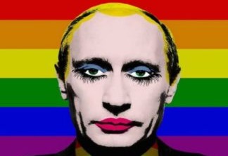 Ilustração postada por Bruno Galiasso mostra Vladimir Putin Maquiado e com as cores da bandeira LGBT ao fundo