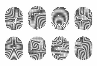 Black detailed fingerprints flat illustration set. Police electronic scanner of thumb print for crime data isolated on white background vector collection. Finger identity and technology concept