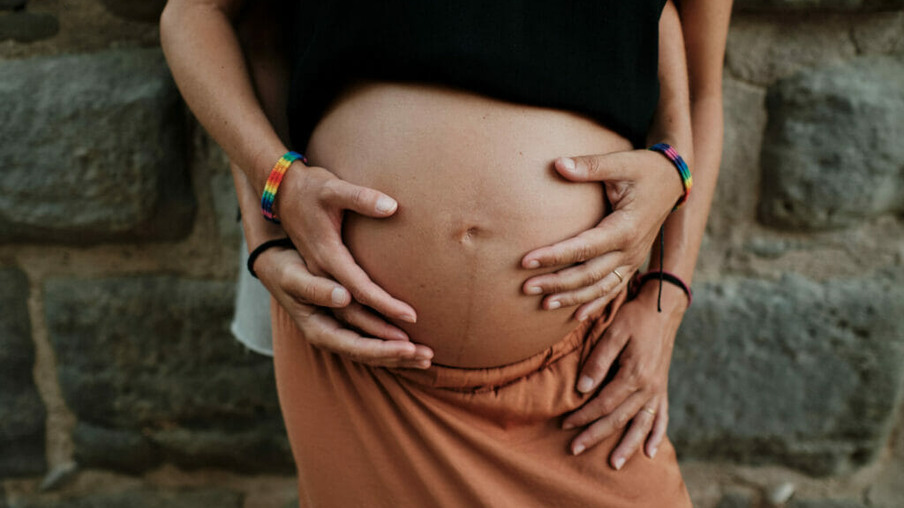 A closeup of a lesbian couple holding their belly bump in a park - pregnancy