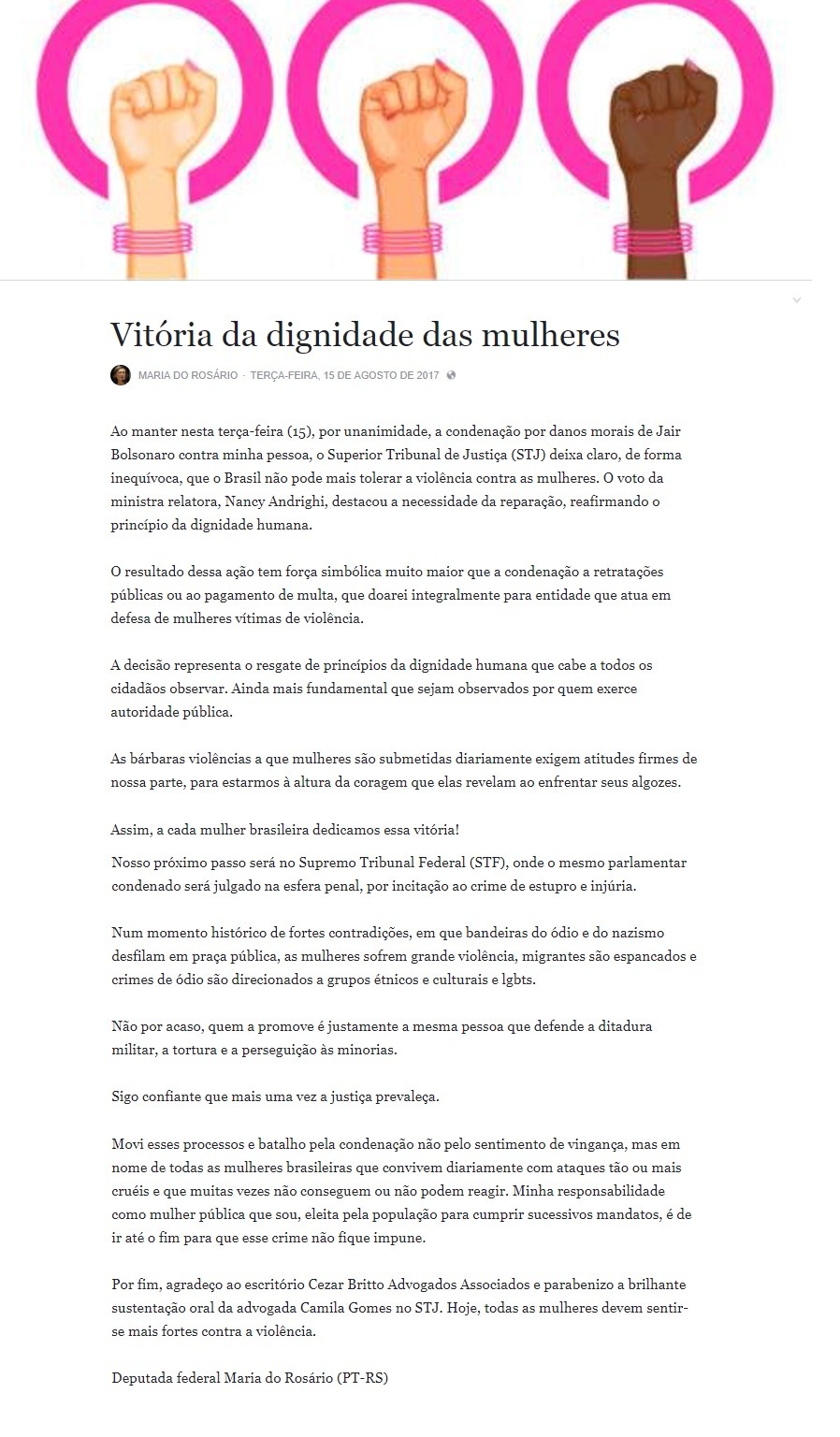 A deputada Maria do Rosário dedicou sua vitória às mulheres. (IMAGEM: Facebook)