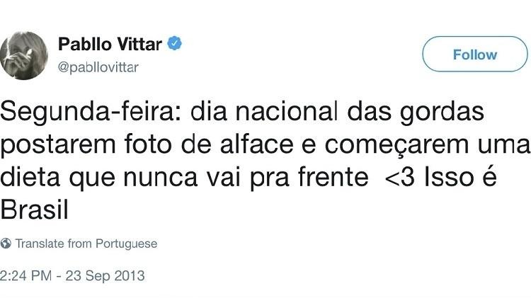 Suposto tweet antigo de Pabllo Vittar de cunho gordofóbico