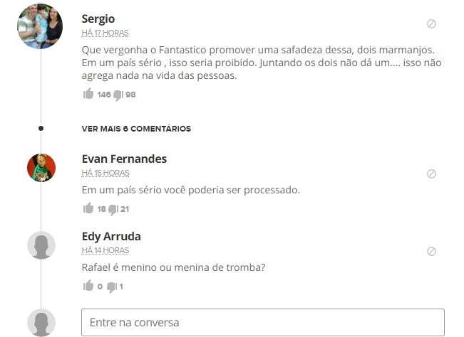 Comentários homofóbicos na página do Fantástico pelo lançamento do clipe de Lucas Lucco e Pabllo Vittar