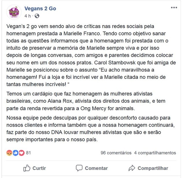 Nota de esclarecimento sobre sanduíche Marielle Franco Vegans 2 GO