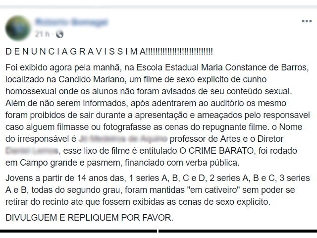 Suposto pai de Aluna critica exibição de filme com temática LGBT em escola no Campo Grande